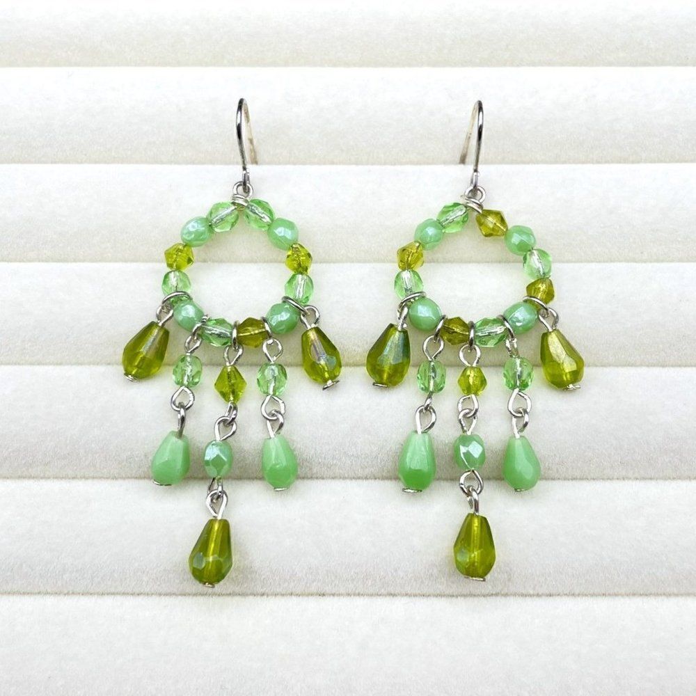 Silver with Emerald and Mint Green Crystal Beaded Dangling Drop Hook Earrings - Picture 3 of 8